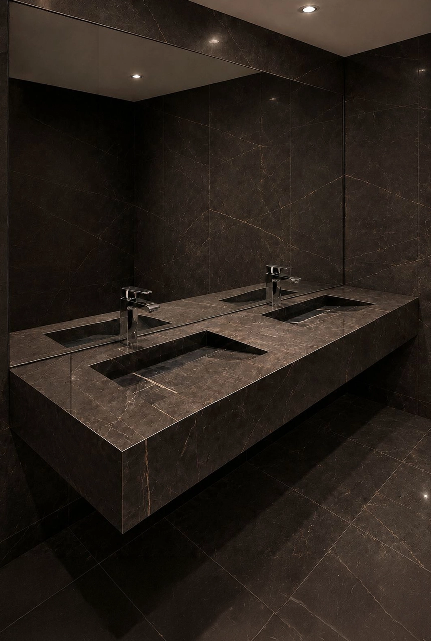 X4 Design and Build dark marble double bathroom countertop with two integrated basins, large mirror, chrome faucets, matching wall marble, and luxury bathroom design
