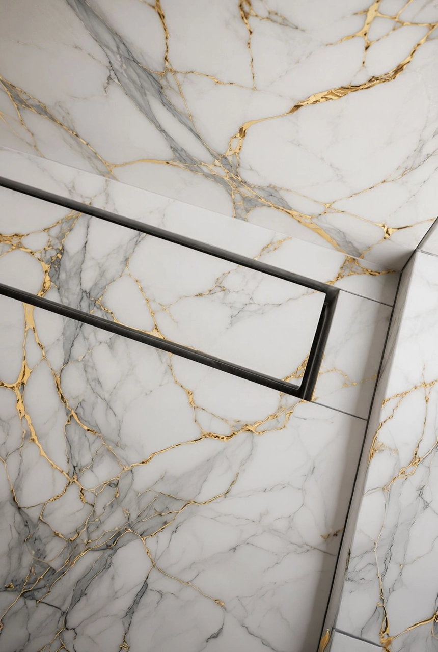 X4 Design and Build luxury shower floor trap detail with white marble, gold and grey marble veins, linear drainage channel, and clean bathroom finishing