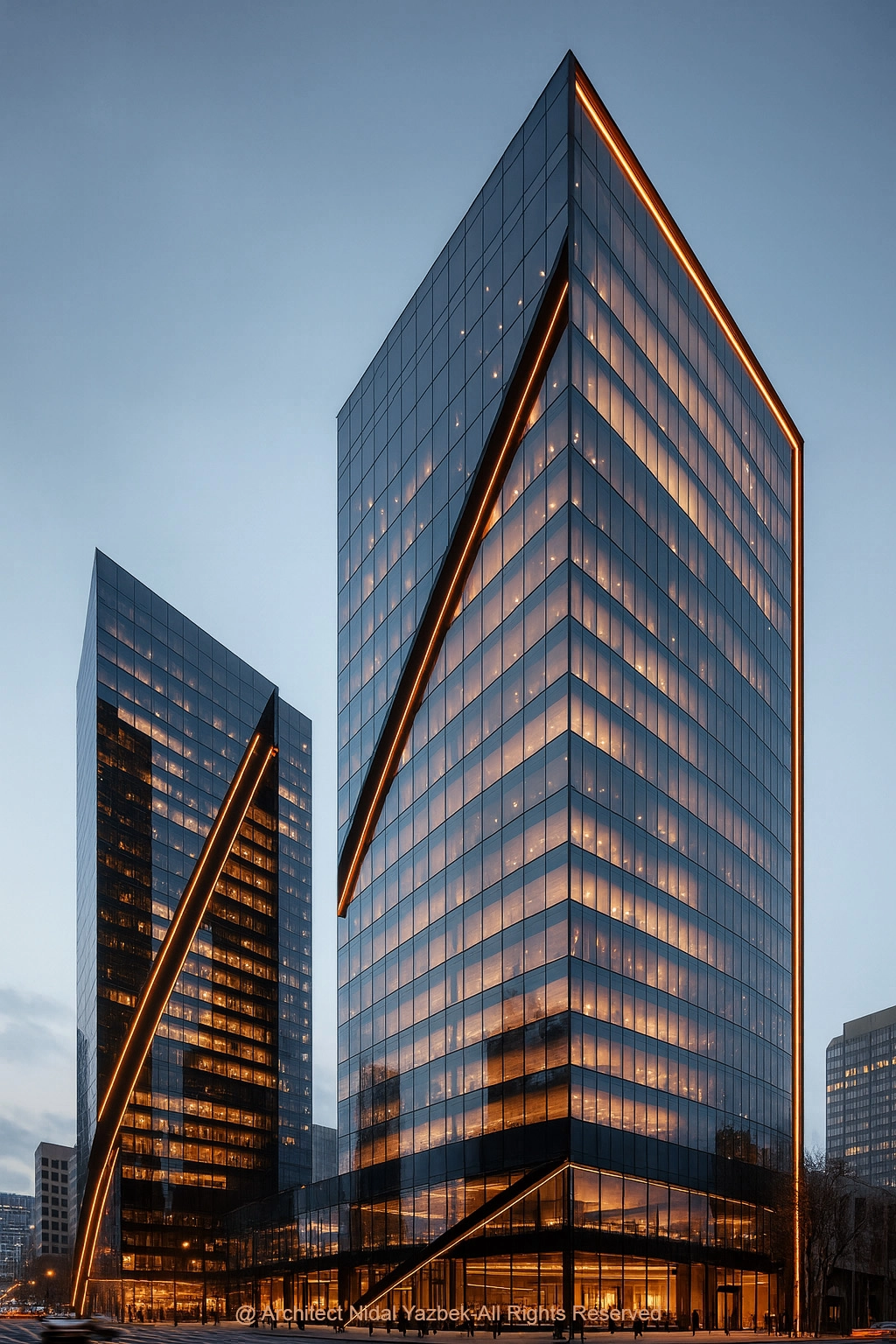 Nidal Yazbek Future Concept Obsidian Axis Tower in Dubai with black reflective glass facade, illuminated bronze architectural lines, luxury tower design, and buildable future skyline identity