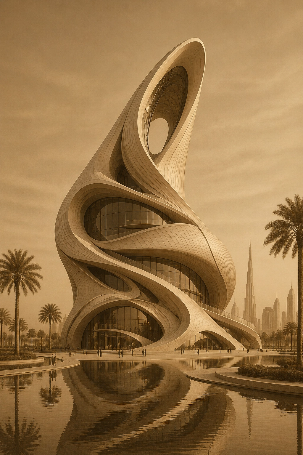Nidal Yazbek Future Concept Solara Horizon in Dubai with sculptural flowing architecture, warm golden atmosphere, water reflection, and futuristic urban elegance