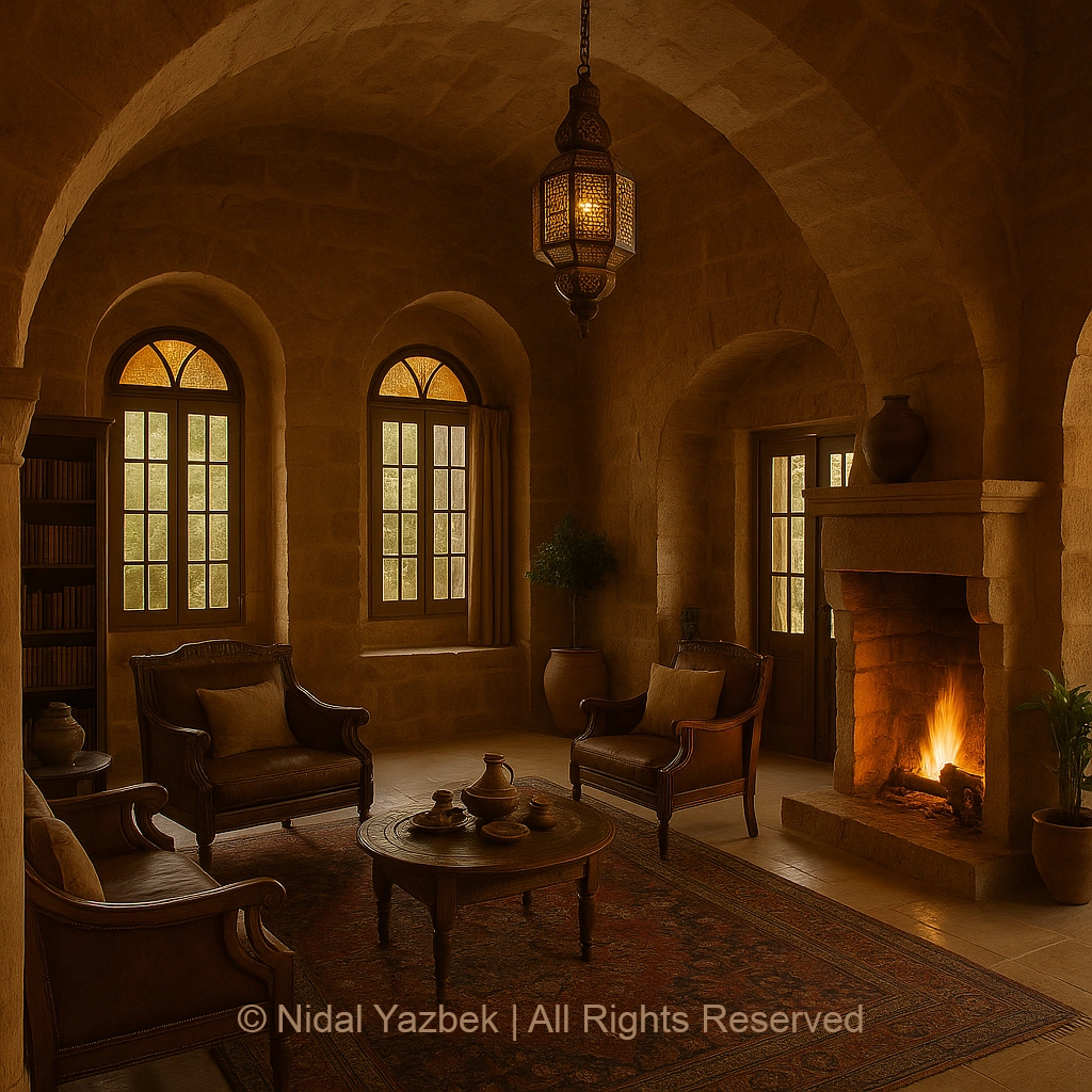Nidal Yazbek heritage architecture rendering traditional stone house courtyard arched windows wooden shutters plants fountain luxury cultural design