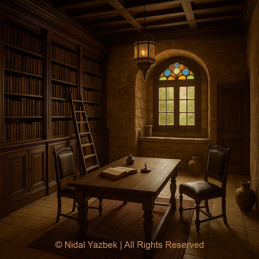 Nidal Yazbek heritage architecture rendering traditional historic interior arches stone walls oriental lanterns cultural design old house visualization