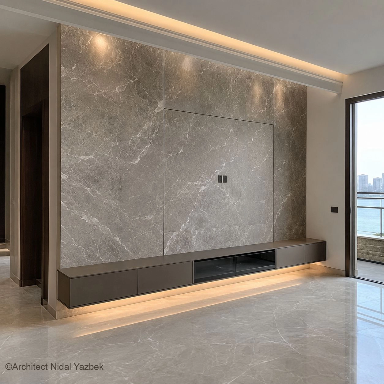 X4 Design and Build marble TV wall, grey marble feature wall, floating cabinet, concealed LED lighting, living room marble cladding, luxury interior finishing