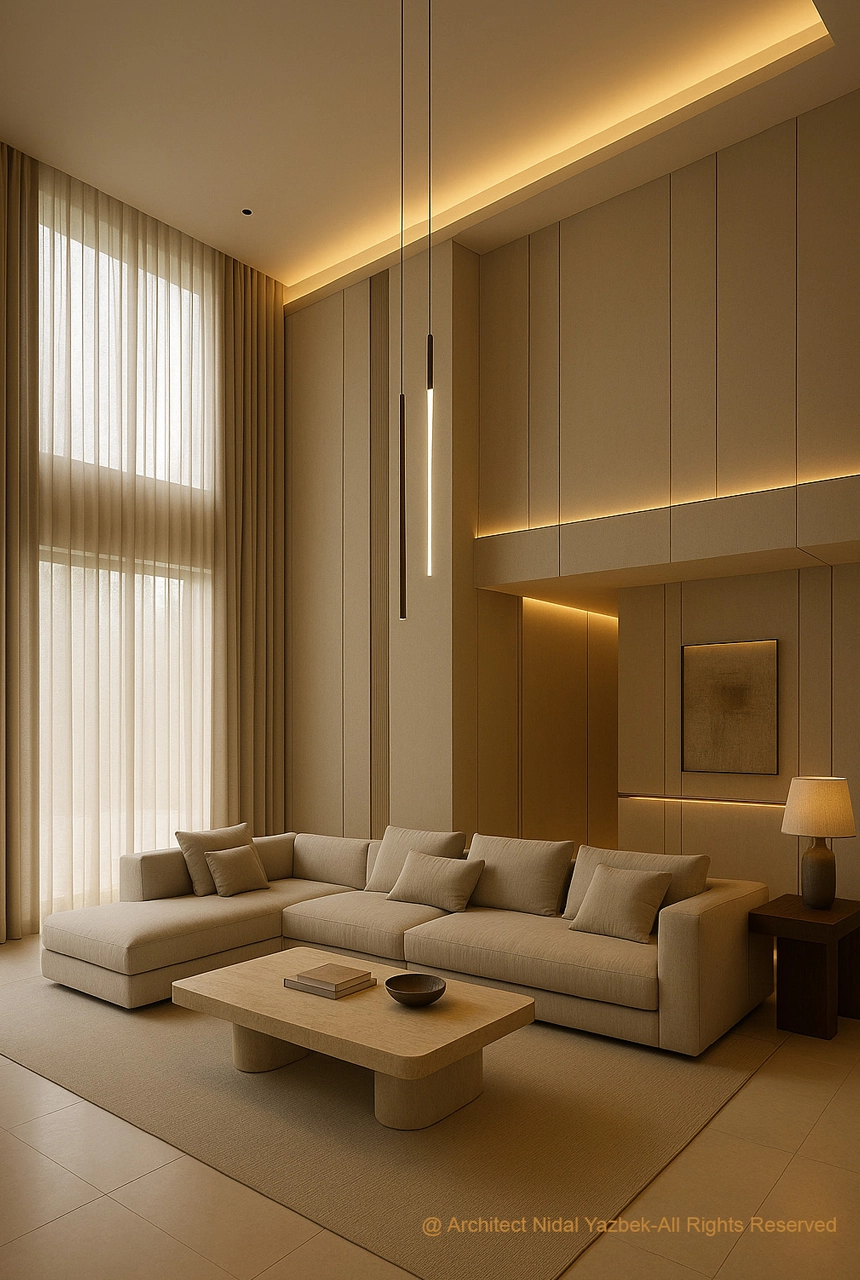 luxury living room 3D rendering, double height interior, beige modern sofa, warm concealed lighting, elegant wall panels, contemporary interior design, premium residential rendering