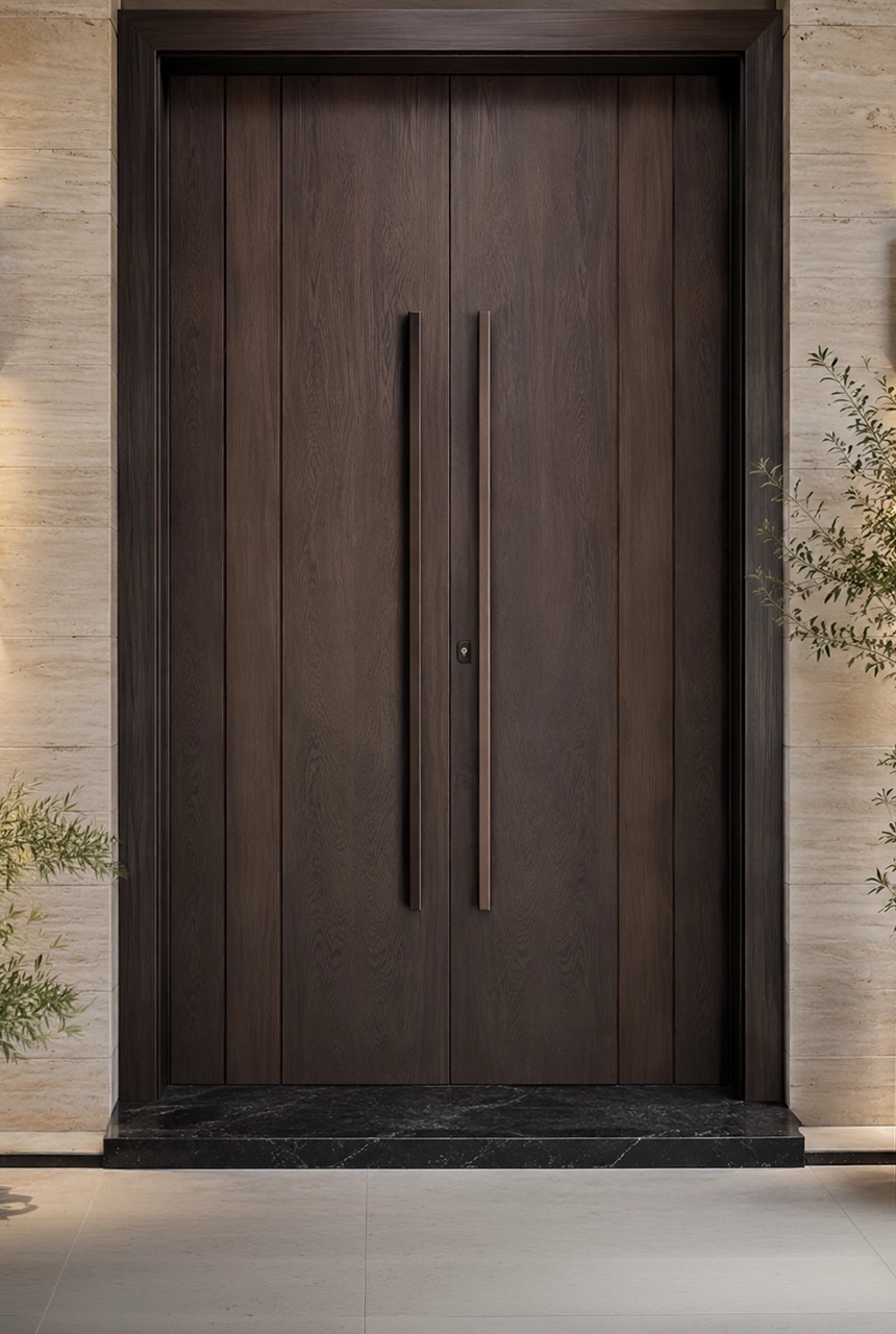 X4 Design and Build dark ash double entrance door with full wood panels, long vertical handles, stone wall surround, and luxury UAE villa entrance design