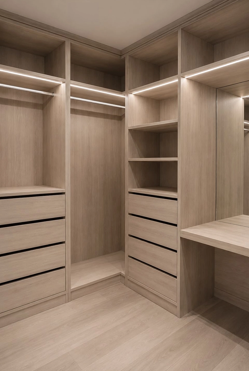 X4 Design and Build light oak walk-in closet with open shelving, drawer units, integrated LED lighting, and custom dressing room joinery